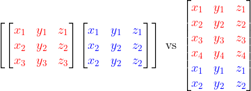 Dense batch collate on the left and packed batch collate on the right, for the same two point clouds (red and blue).